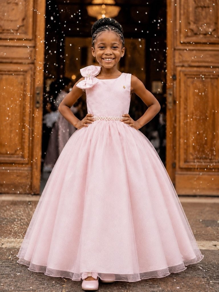 Vestido Infantil Longo Pêssego Luxo Daminhas Formaturas