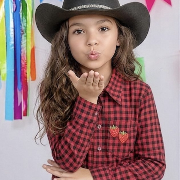 Camisa Infantil Meninas Xadrez Poliéster Junina Preto e Vermelho
