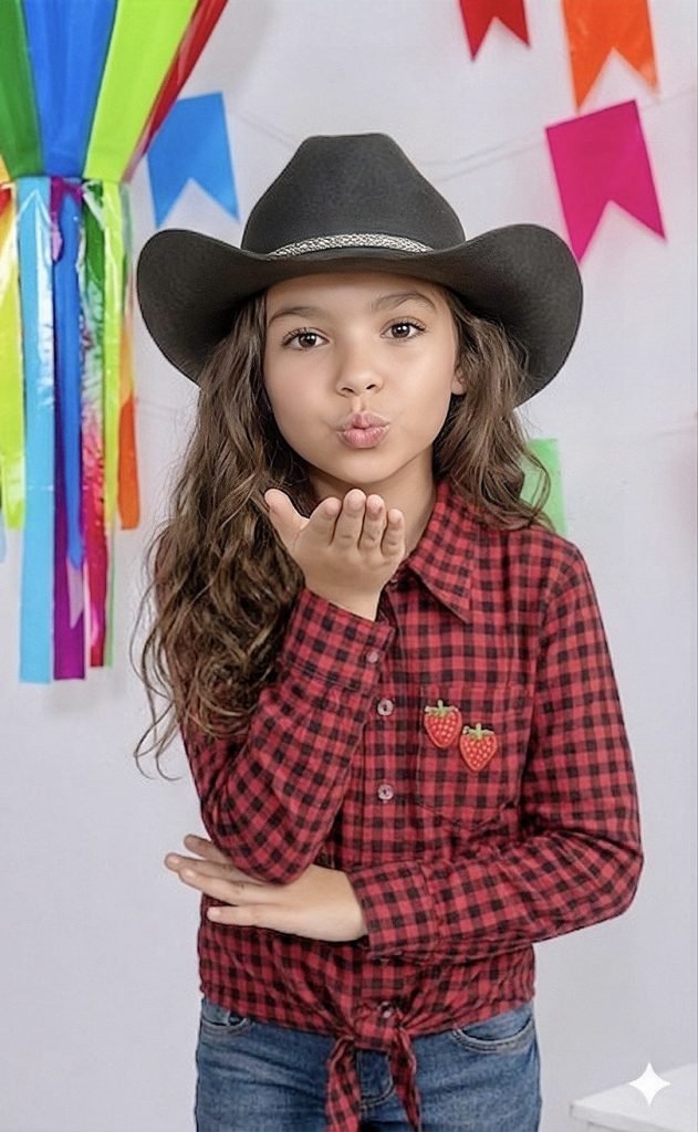 Camisa Infantil Meninas Xadrez Poliéster Junina Preto e Vermelho