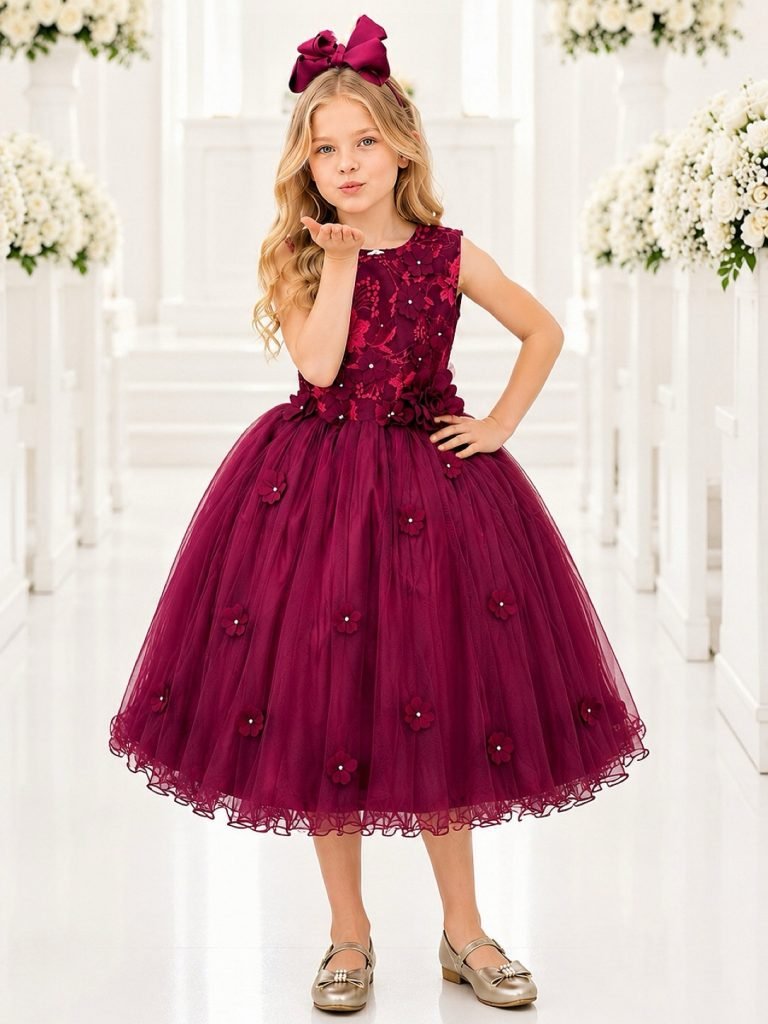 Vestido Infantil Marsala Rendado Luxo Flores em Aplique