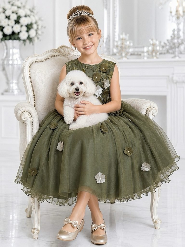 Vestido Infantil Verde Olivia C/ Renda e Aplique de Flores Damas