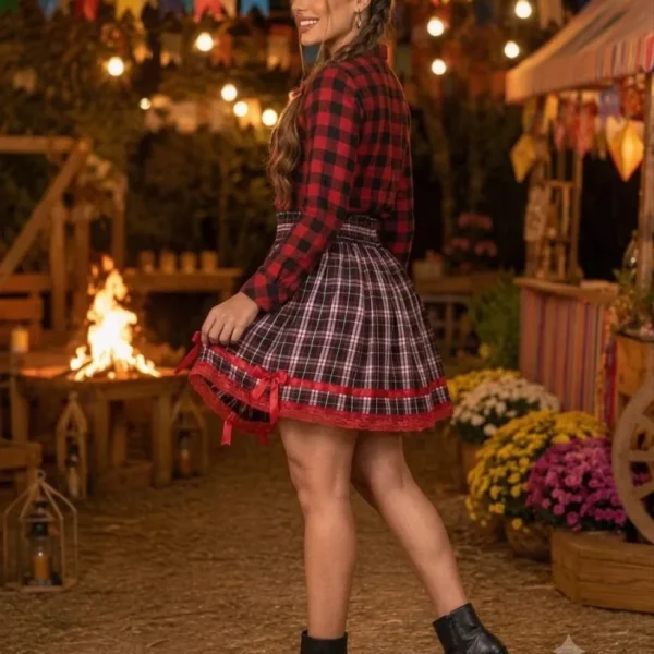 Saia Junina Adulta Xadrez Renda Vermelho