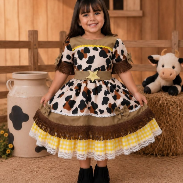 Vestido Tematicos Kids Doce Mimosa Marrom – Fazendinha – Vaquinha