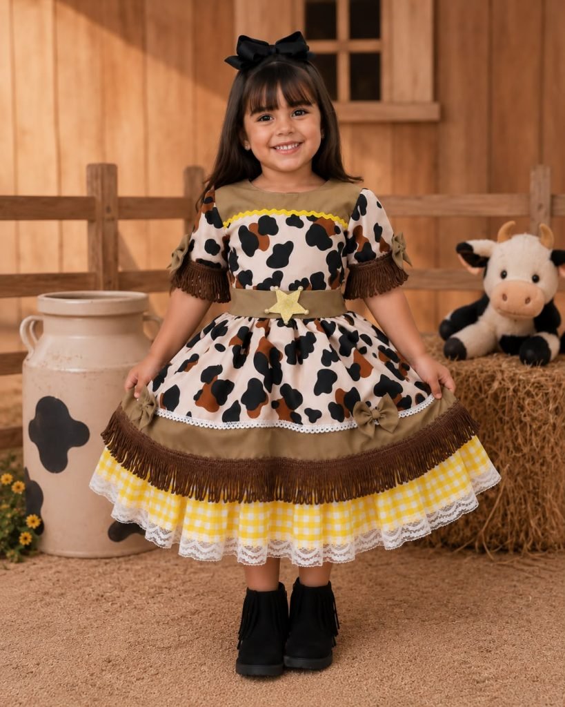 Vestido Tematicos Kids Doce Mimosa Marrom – Fazendinha – Vaquinha
