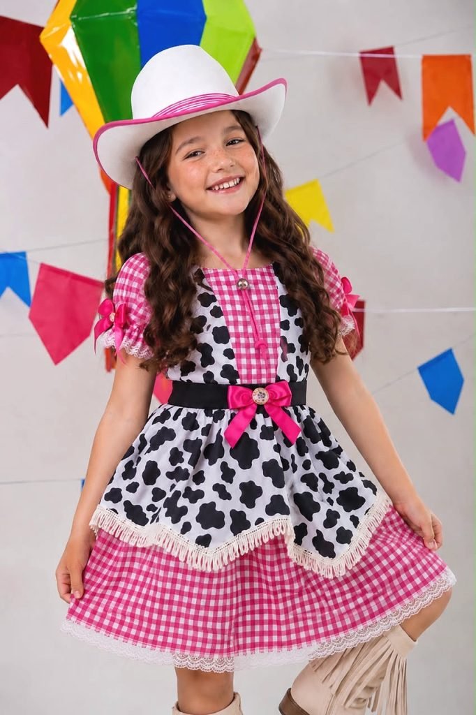Vestido Infantil Xadrez Pink Fazendinha Vaquinha Boiadeira Laço