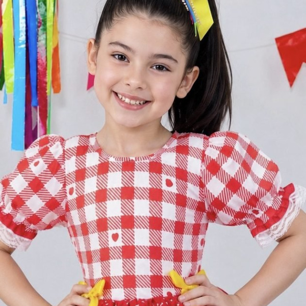 Vestido Junino Infantil Vermelho Xadrez com Corações e Laços
