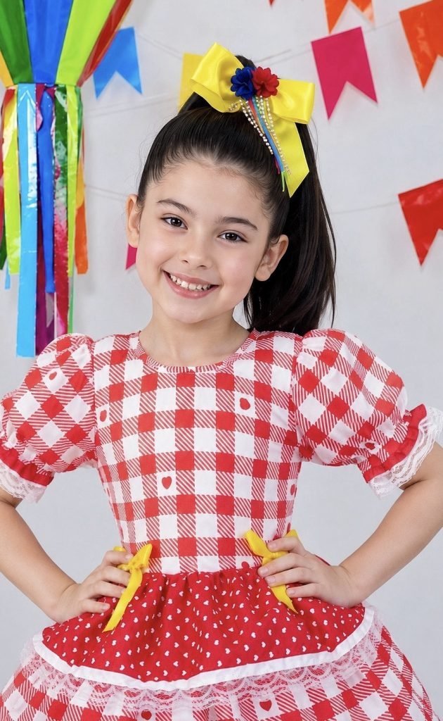 Vestido Junino Infantil Vermelho Xadrez com Corações e Laços