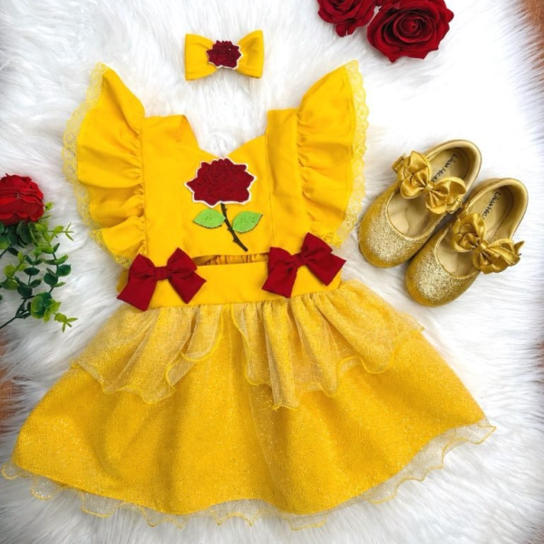 Romper Infantil Temático Princesa Bela Amarelo C/ Laço de Cabelo