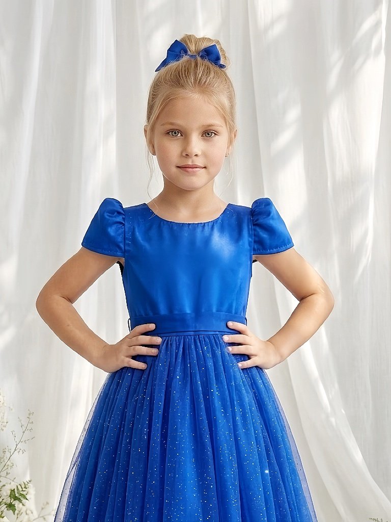 Vestido Infantil Azul Royal Longo de Princesa Brilhante e Mangas