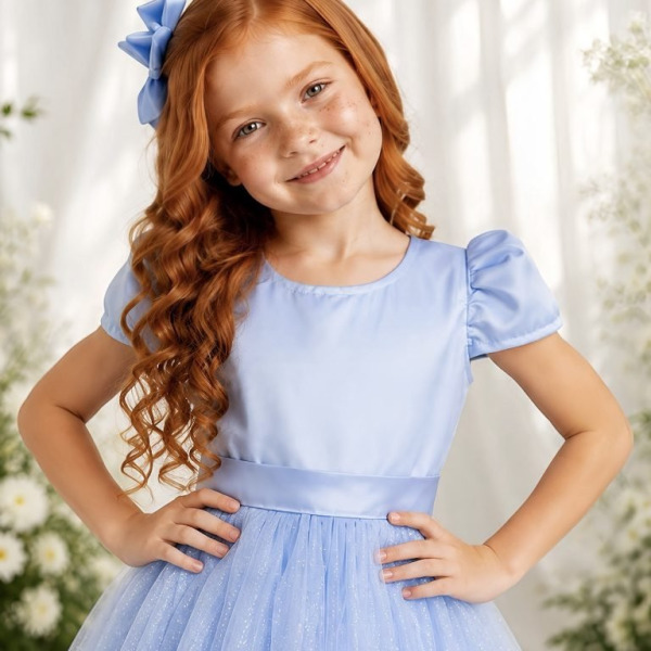 Vestido Infantil Azul Bebe Longo de Princesa Brilhante e Mangas