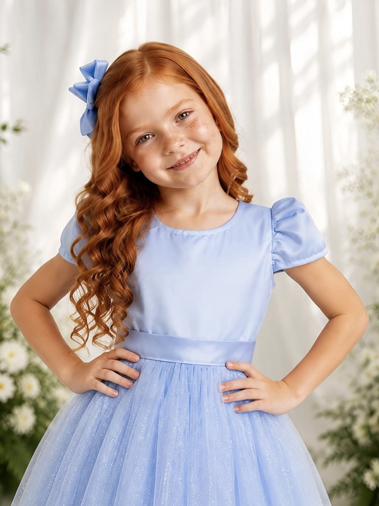 Vestido Infantil Azul Bebe Longo de Princesa Brilhante e Mangas