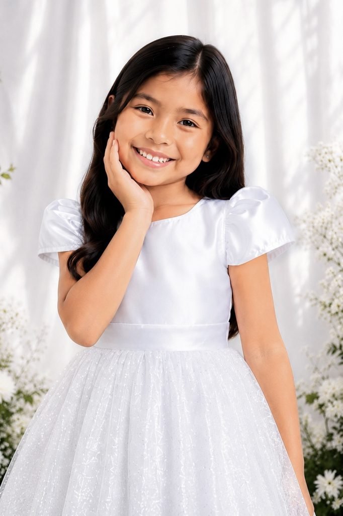 Vestido Infantil Branco Longo de Princesa Brilhante e Mangas
