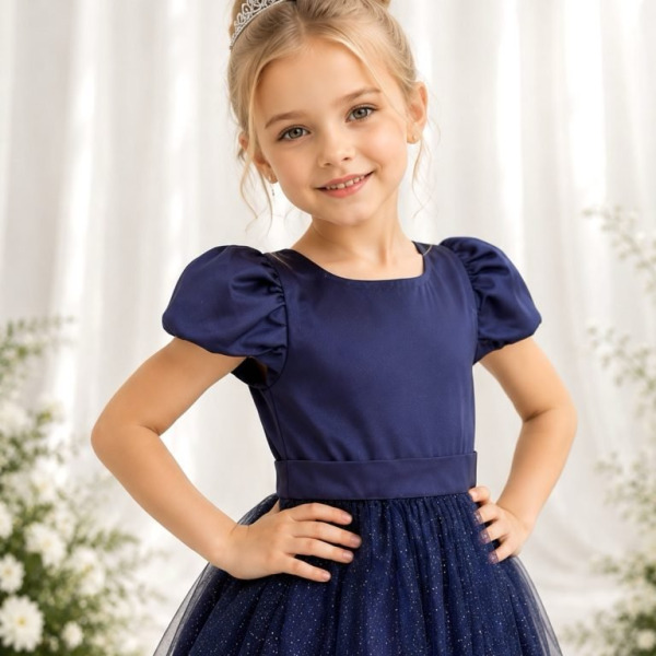 Vestido Infantil Azul Marinho Longo de Princesa Brilhante e Mangas