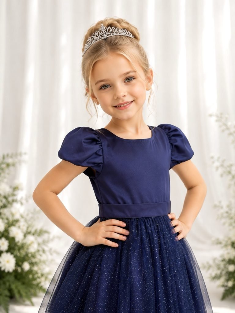 Vestido Infantil Azul Marinho Longo de Princesa Brilhante e Mangas