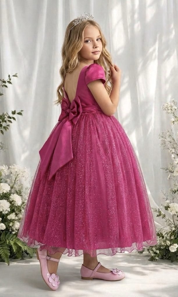 Vestido Infantil Pink Longo de Princesa Brilhante e Mangas