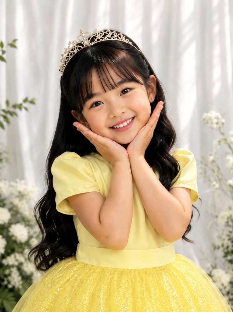 Vestido Infantil Amarelo Longo de Princesa Brilhante e Mangas