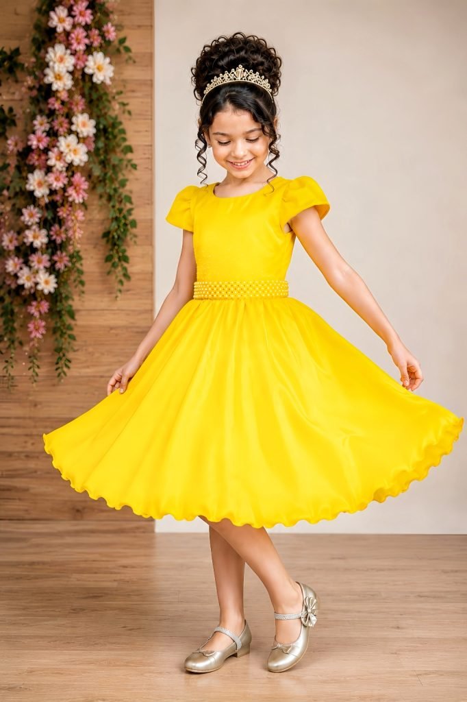 Vestido Infantil Amarelo Luxo, em Poliéster, com Pérolas e Strass Vestido de Festa