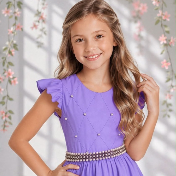 Vestido Longo Daminhas, Infantil Lilás em Poliéster, Nervura com Pérolas Cinto Luxo