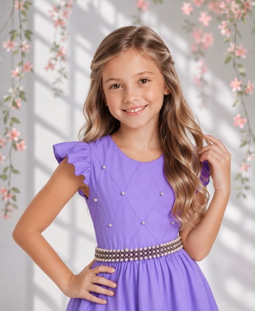 Vestido Longo Daminhas, Infantil Lilás em Poliéster, Nervura com Pérolas Cinto Luxo