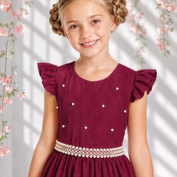 Vestido Longo Daminhas, Infantil Marsala em Poliéster, Nervura com Pérolas Cinto Luxo