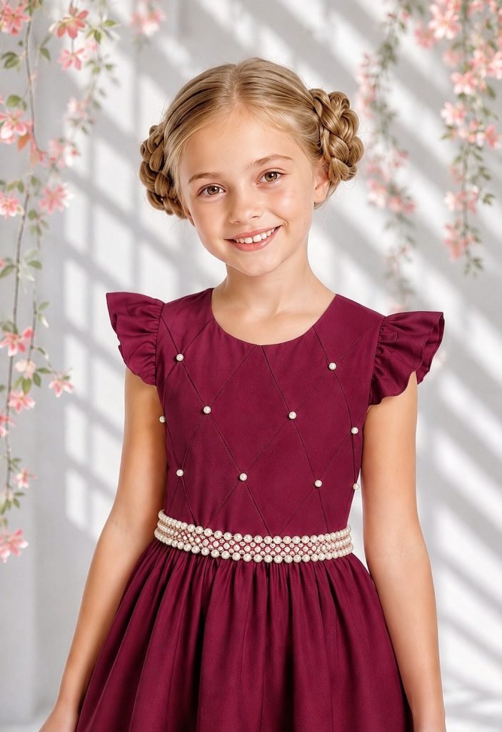 Vestido Longo Daminhas, Infantil Marsala em Poliéster, Nervura com Pérolas Cinto Luxo