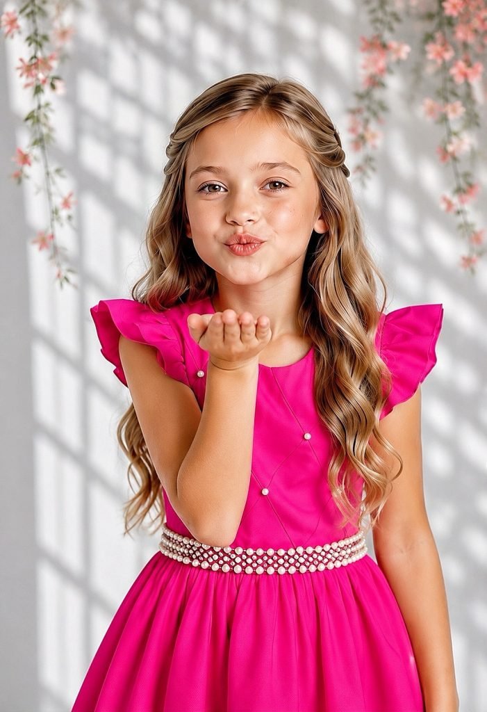 Vestido Longo Daminhas, Infantil Pink em Poliéster, Nervura com Pérolas Cinto Luxo