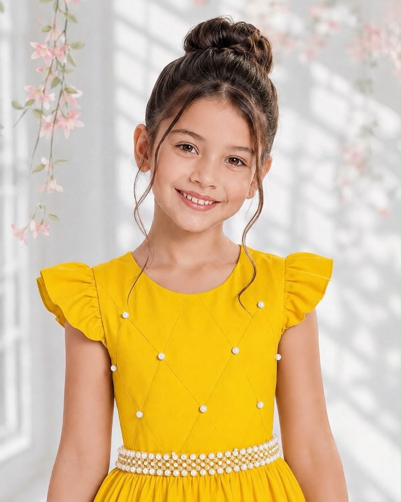 Vestido Longo Infantil Amarelo Ouro Daminha Nervura Pérolas Cinto Luxo