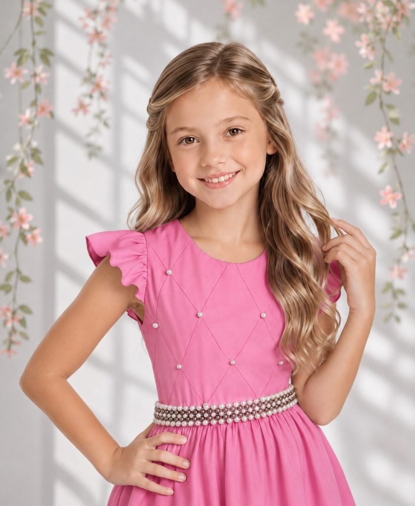 Vestido Longo Infantil Rosa Chiclete Daminha Nervura Pérolas Cinto Luxo