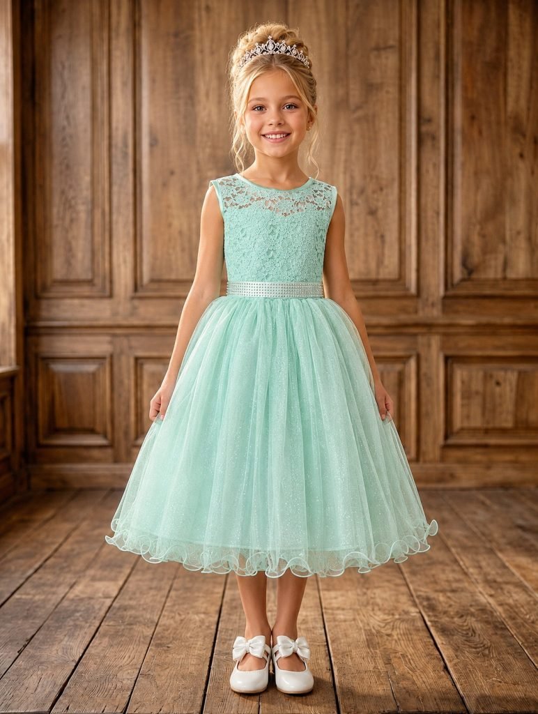 Vestido Infantil Verde Menta Renda e Tule Brilho Damas
