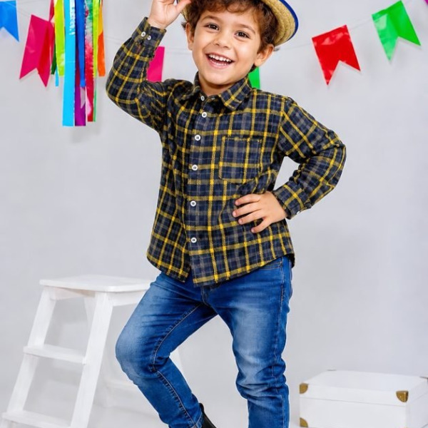 Camisa Infantil Xadrez Flanelada Azul Marinho e Amarela Manga Longa