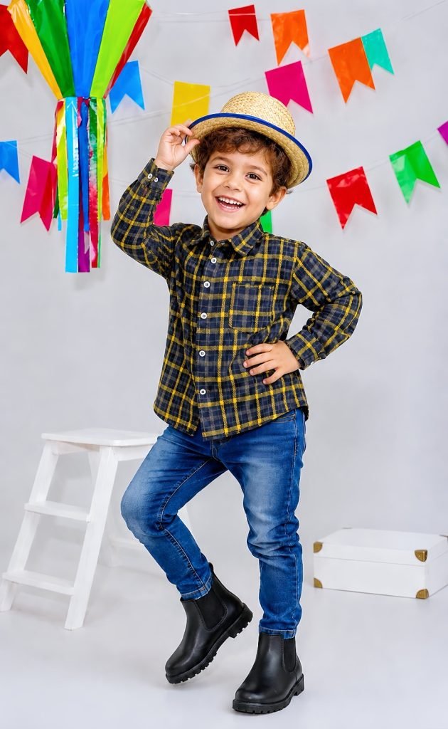 Camisa Infantil Xadrez Flanelada Azul Marinho e Amarela Manga Longa