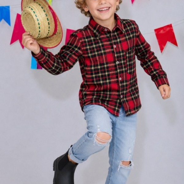 Camisa Infantil Xadrez Flanelada Vermelha e Kaki Manga Longa