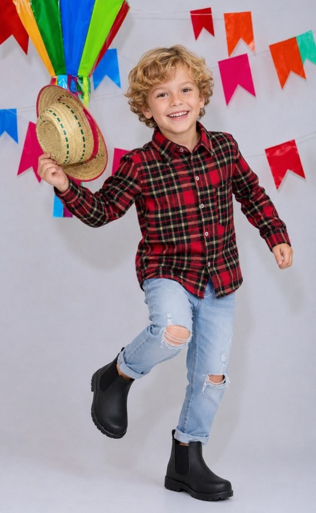 Camisa Infantil Xadrez Flanelada Vermelha e Kaki Manga Longa
