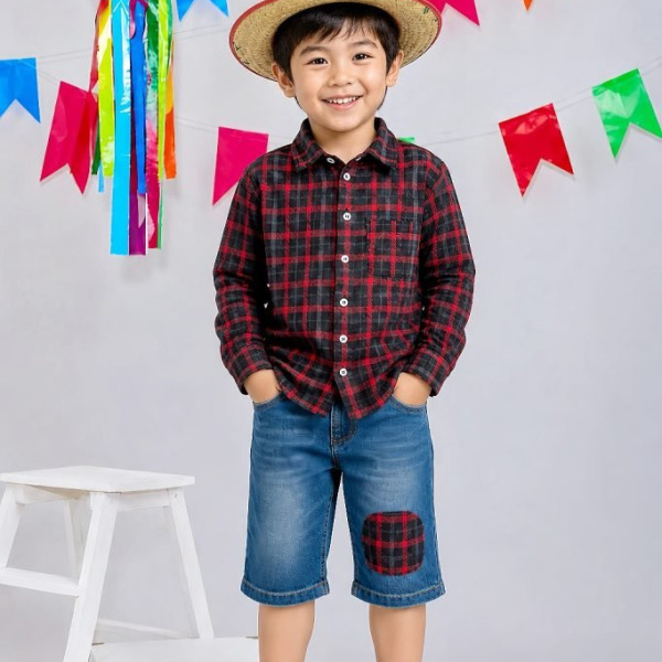 Camisa Infantil Xadrez Flanelada Vermelha e Preta Manga Longa