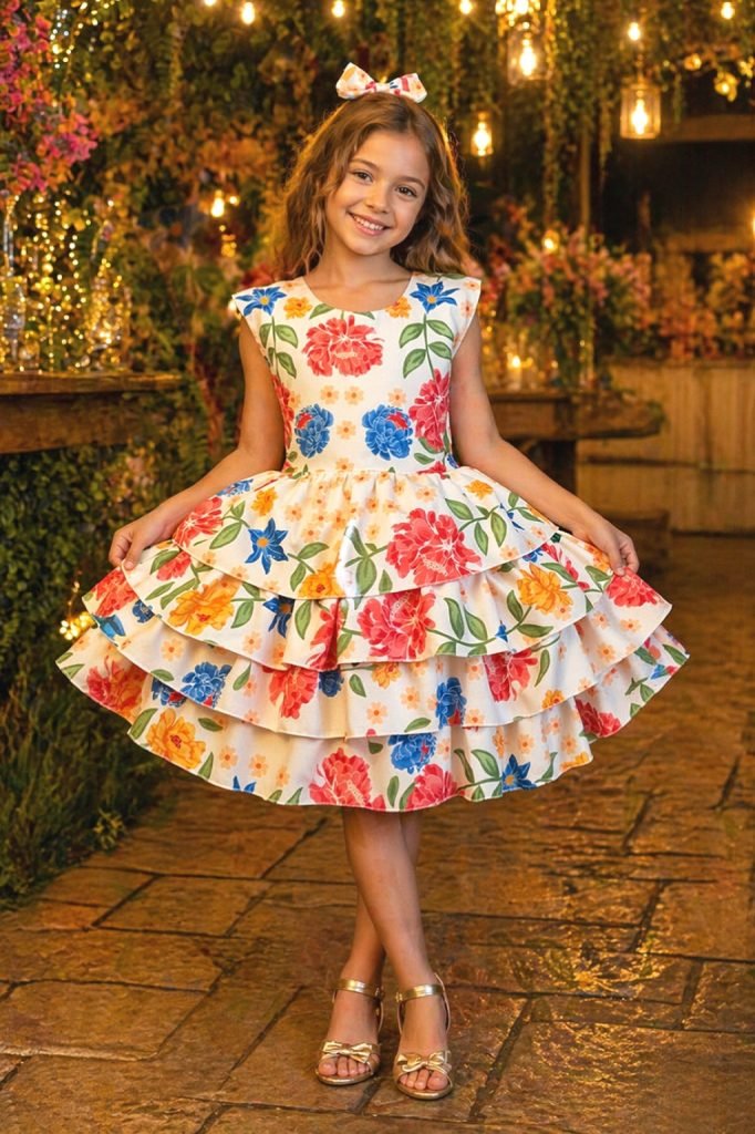 Vestido Infantil Floral Casual Bege C/ babados