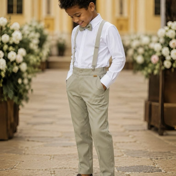 Conjunto Social Pajem Camisa Branca com Calça e Susp.Bege